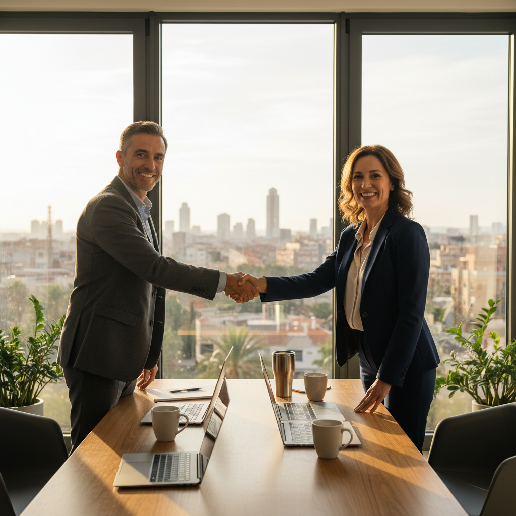 A photorealistic image depicting two professional adults in a modern Spanish office setting, shaking hands over a business deal to symbolize partnership and collaboration in a sociedad contract, with subtle Spanish elements like a flag or architecture in the background, conveying trust, growth, and mutual benefits without showing any legal documents.