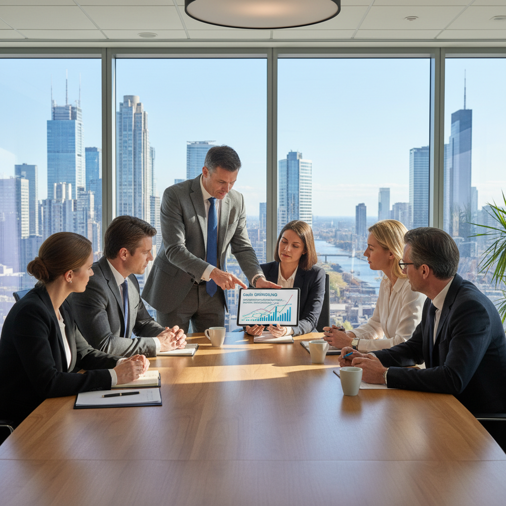 A photorealistic image of a professional business meeting in a modern conference room, where a group of adult entrepreneurs are discussing partnership agreements around a table, symbolizing the formation and key clauses of a GmbH company contract. No children are present.