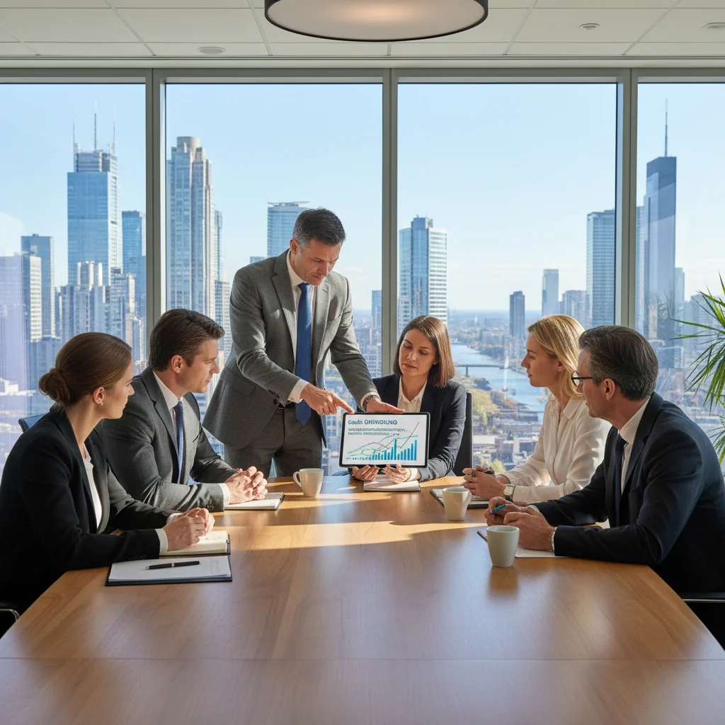 A photorealistic image of a professional business meeting in a modern conference room, where a group of adult entrepreneurs are discussing partnership agreements around a table, symbolizing the formation and key clauses of a GmbH company contract. No children are present.
