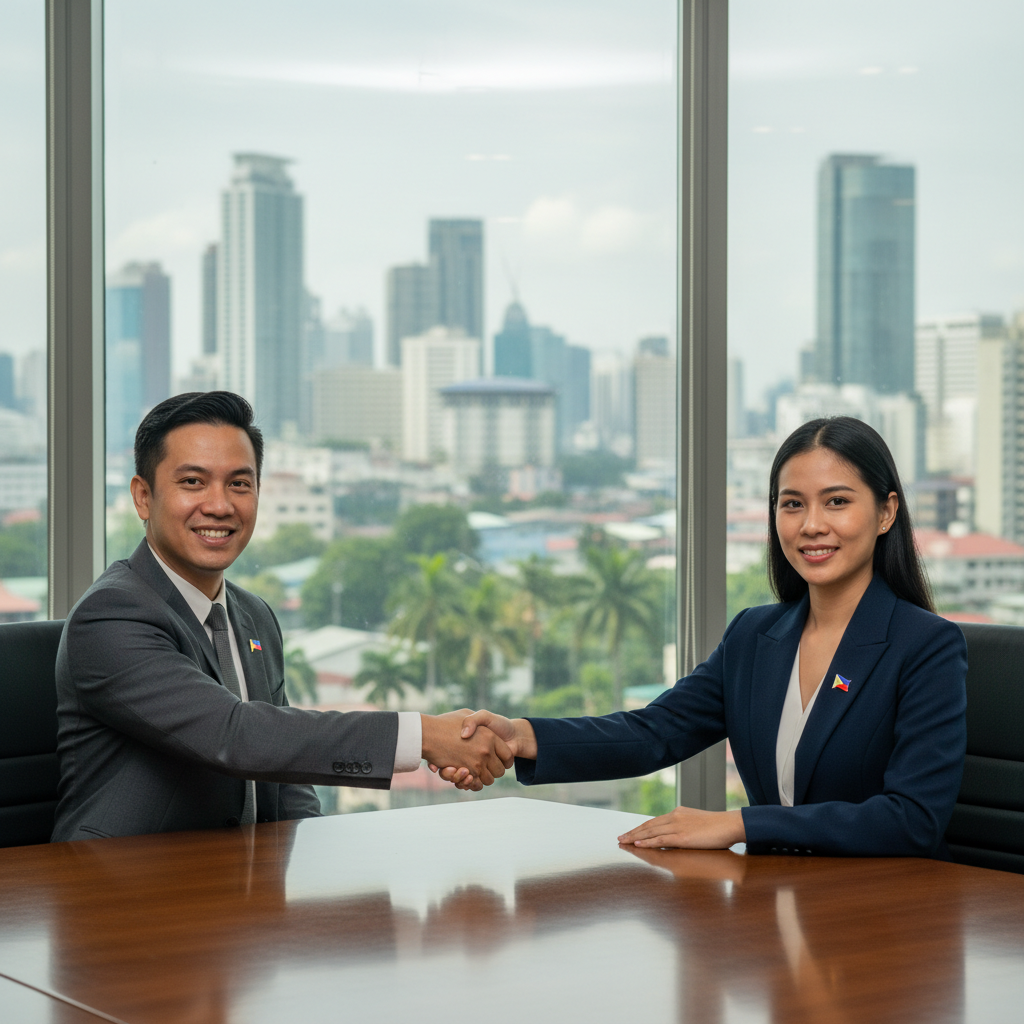 A photorealistic image of two professional adults, a man and a woman in business attire, shaking hands firmly across a polished wooden conference table in a modern Philippine office setting with large windows overlooking a cityscape of Manila, symbolizing a successful business partnership agreement. The atmosphere is professional and collaborative, with subtle Philippine cultural elements like a small flag on the table. No children are present in the image.