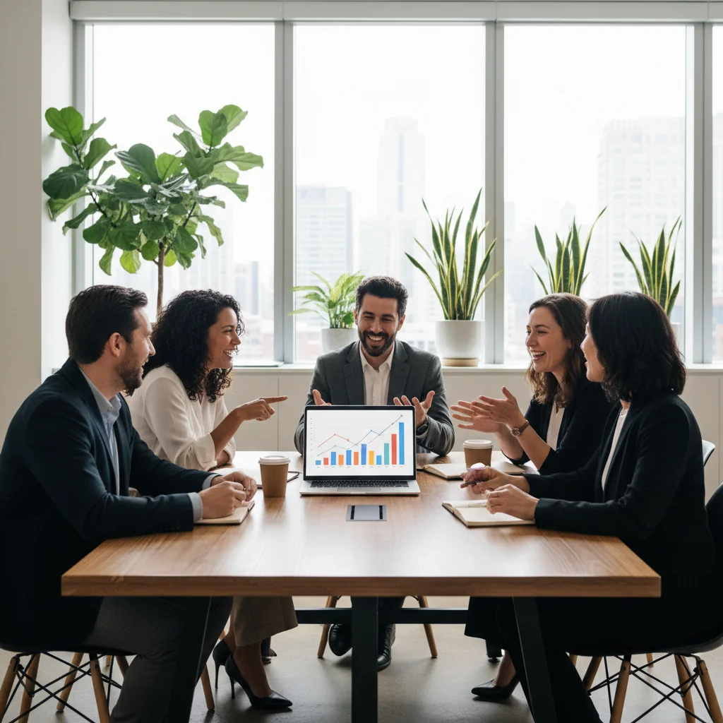 A photorealistic image of a diverse group of adults in a modern conference room, engaged in a collaborative discussion around a table, symbolizing partnership and agreement in a business or social context, with natural lighting and professional attire, no children present.