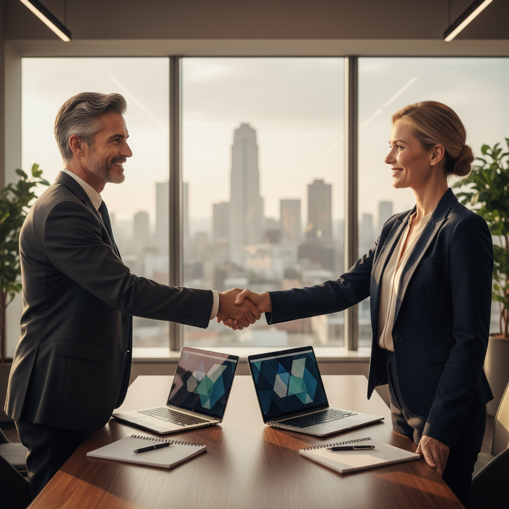 A photorealistic image of two professional adults shaking hands across a modern conference table in a bright office, symbolizing a successful business partnership agreement, with subtle elements like laptops and coffee cups in the background to evoke collaboration and trust.