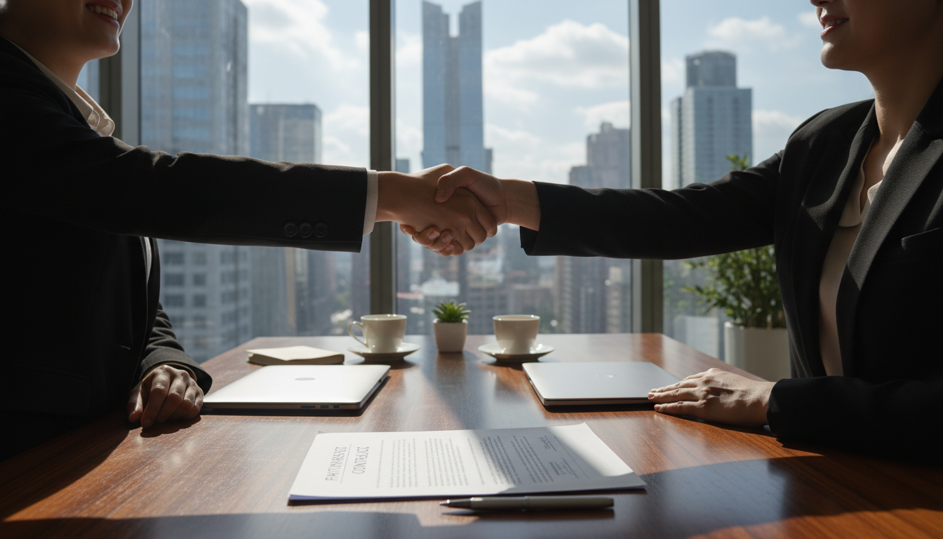 Two professionals shaking hands over contract