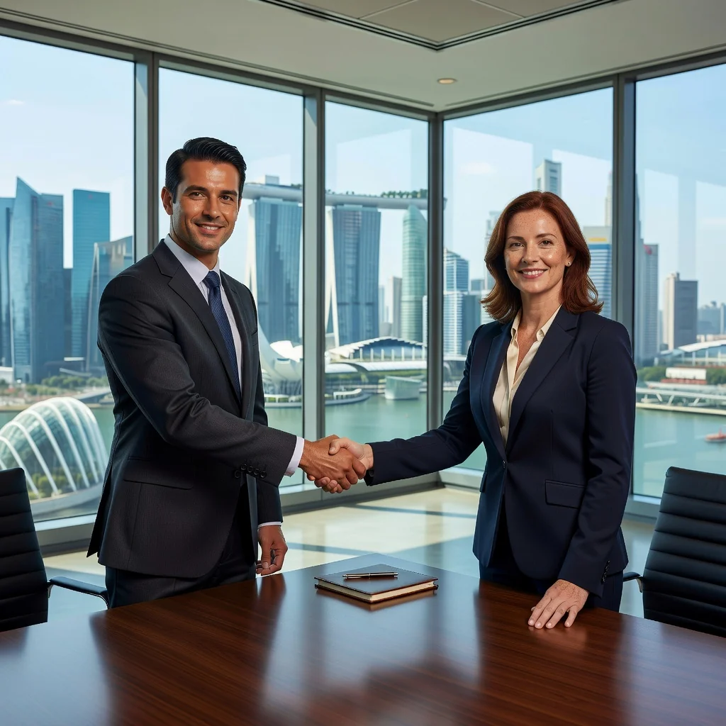 A photorealistic image depicting two professional adults in a modern Singapore office, shaking hands across a conference table to symbolize a business partnership agreement. The setting includes elements of Singapore like a skyline view through large windows, with one person in business attire and the other in a suit, conveying trust and collaboration. No children or legal documents are visible.