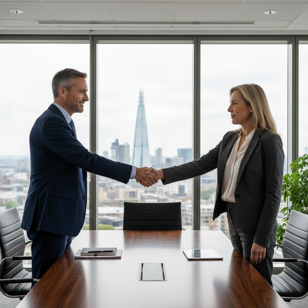 A photorealistic image depicting two adult professionals in a modern office setting, shaking hands over a conference table to symbolize partnership agreement, with city skyline visible through the window, conveying trust and collaboration in business.