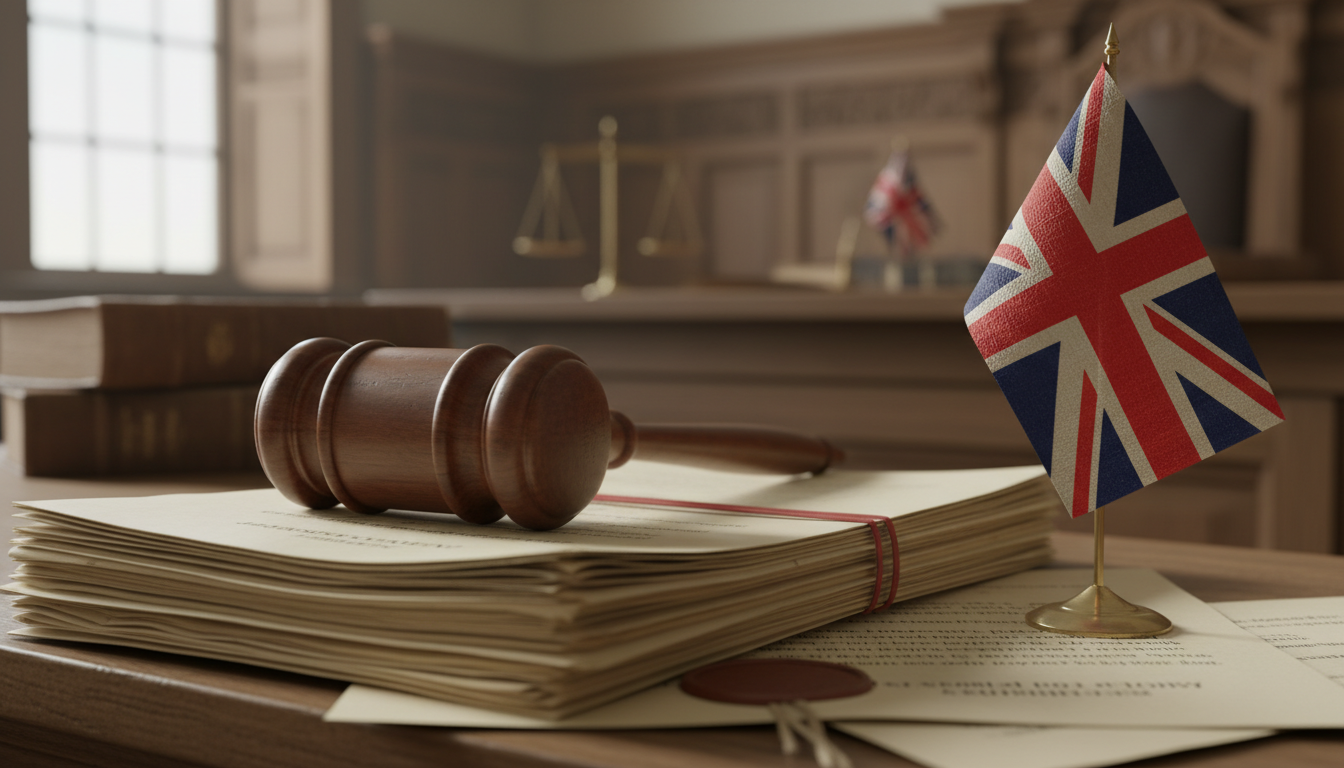 Gavel and UK flag on legal papers