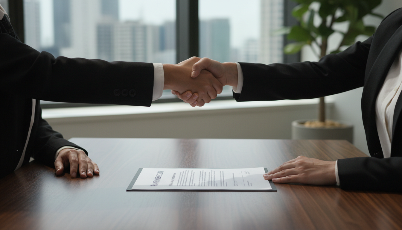 Two professionals shaking hands over contract