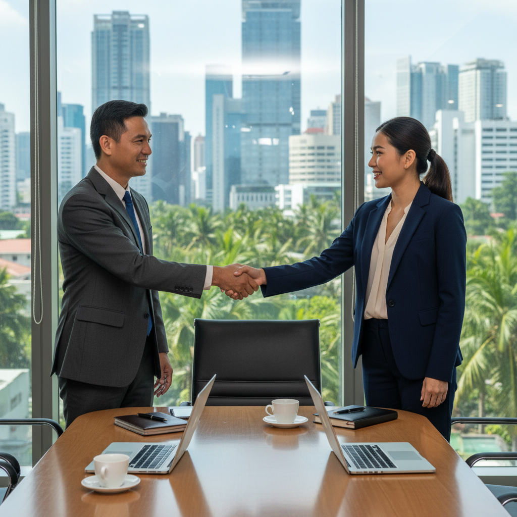 A photorealistic image of two professional adults, a man and a woman in business attire, shaking hands across a conference table in a modern Philippine office, symbolizing a successful business partnership agreement, with subtle Philippine elements like a flag or tropical plants in the background. No children present.