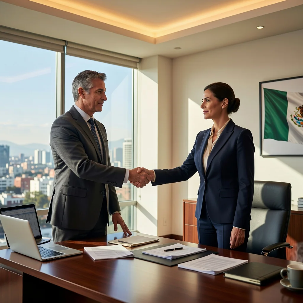 A photorealistic image of two professional adults shaking hands in a modern Mexican office setting, symbolizing partnership and business collaboration, with elements like the Mexican flag in the background to represent the context of a society contract in Mexico. No children are present.