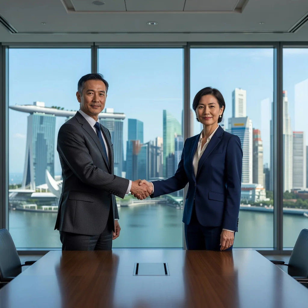 A photorealistic image of two professional adults in a modern Singapore office, shaking hands over a conference table with a city skyline view in the background, symbolizing a successful business partnership agreement. The scene conveys trust, collaboration, and professionalism without showing any legal documents.
