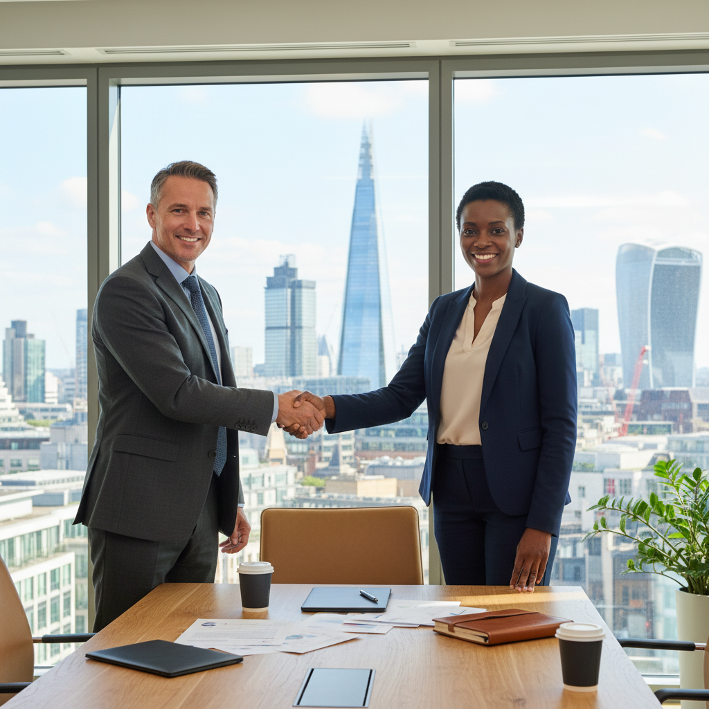 A photorealistic image of two adult professionals shaking hands across a conference table in a modern UK office, symbolizing the formation of a business partnership. The scene conveys trust, collaboration, and agreement without showing any legal documents. No children are present.