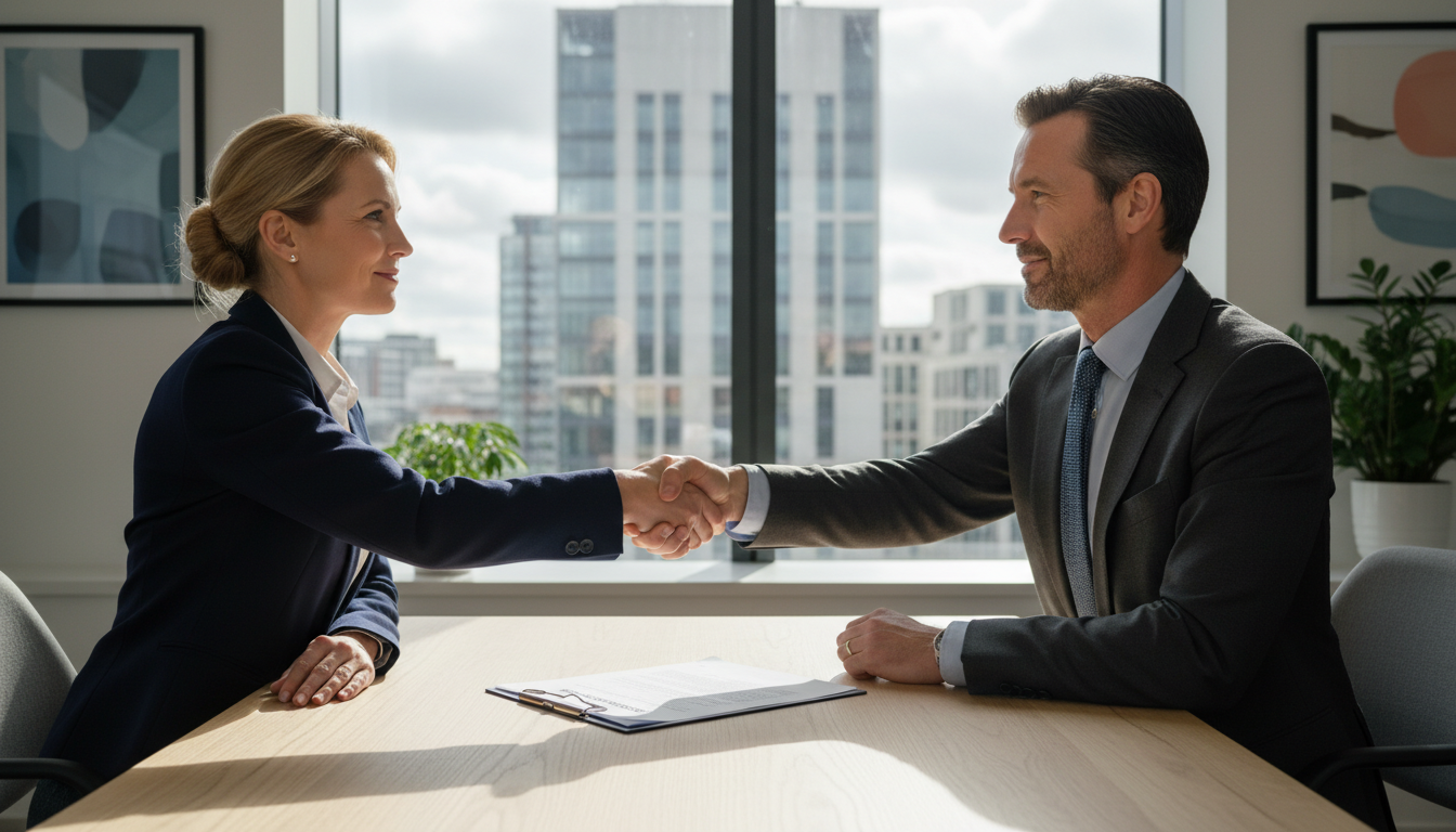 Two professionals shaking hands over contract