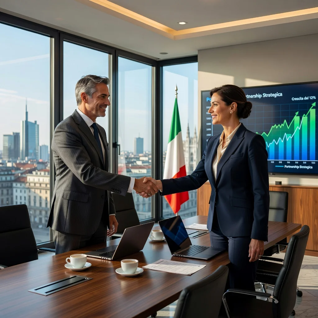 A photorealistic image depicting two Italian business professionals in a modern office setting, shaking hands over a conference table with subtle Italian flags or landmarks in the background, symbolizing a business partnership agreement. The focus is on collaboration and growth, with elements like charts showing upward trends to represent benefits, and a slight hint of caution like a balanced scale, but no legal documents visible.