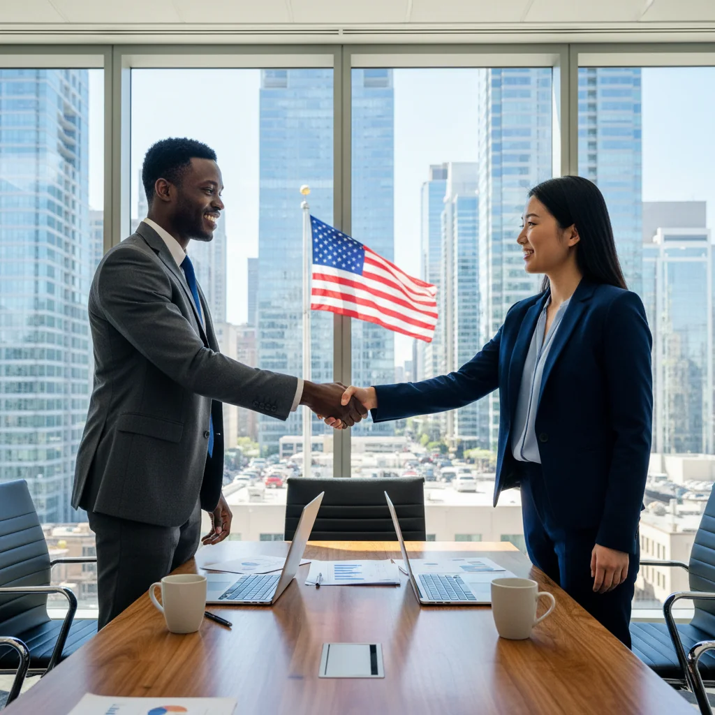 A professional illustration depicting two business partners shaking hands across a conference table in a modern office setting, symbolizing trust, collaboration, and the start of a successful partnership in the United States. The background includes subtle American flag elements and city skyline to represent the business environment.