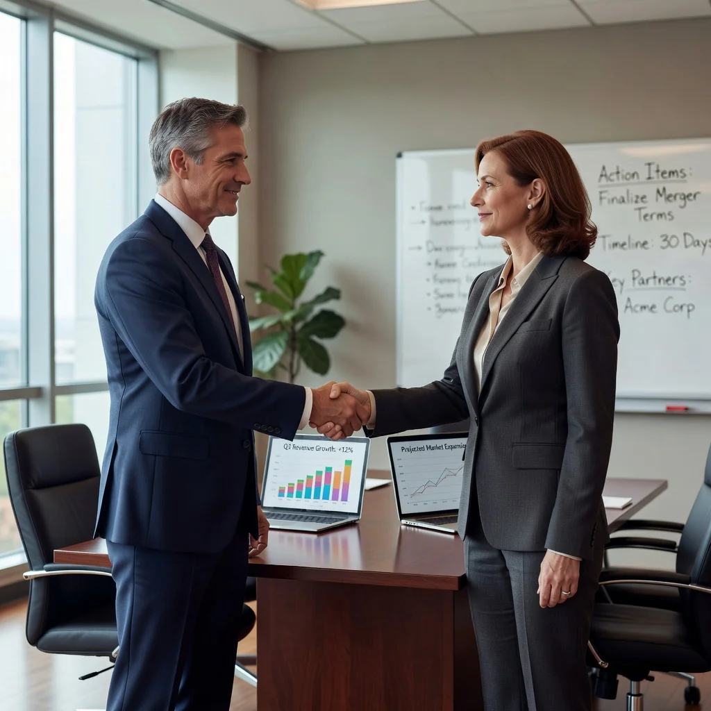 A photorealistic image of two professional adults shaking hands across a conference table in a modern office, symbolizing a successful business partnership agreement, with subtle background elements like laptops and charts indicating collaboration, no children present.