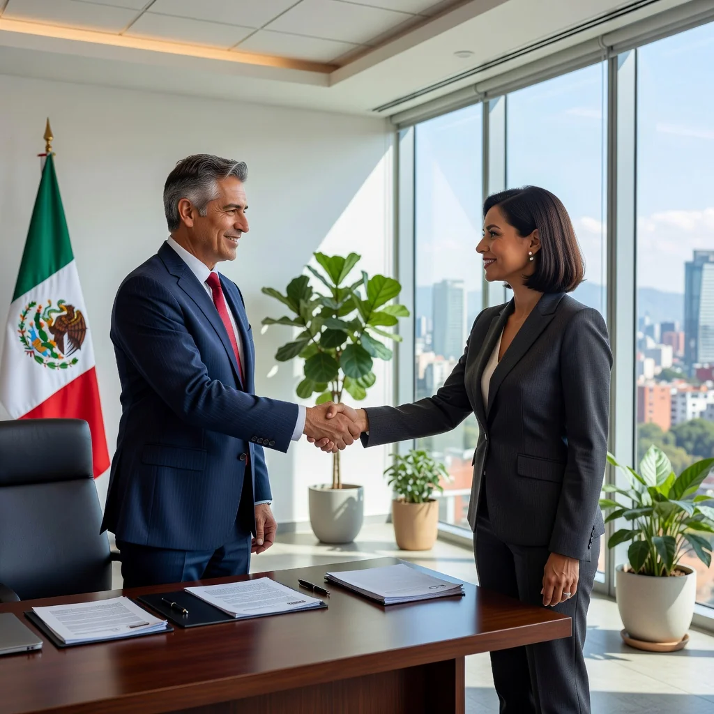 A photorealistic image of two adult business professionals shaking hands in a modern Mexican office setting, symbolizing the formation of a business partnership, with subtle Mexican cultural elements like a flag or traditional decor in the background, conveying trust and collaboration for a legal partnership contract.