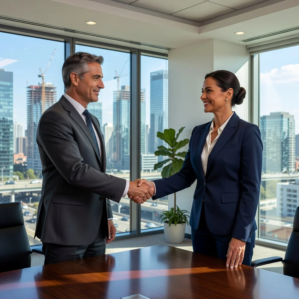 A photorealistic image depicting two professional adults shaking hands in a modern conference room, symbolizing partnership agreement and collaboration in a business context, with city skyline visible through windows, no children or legal documents shown.