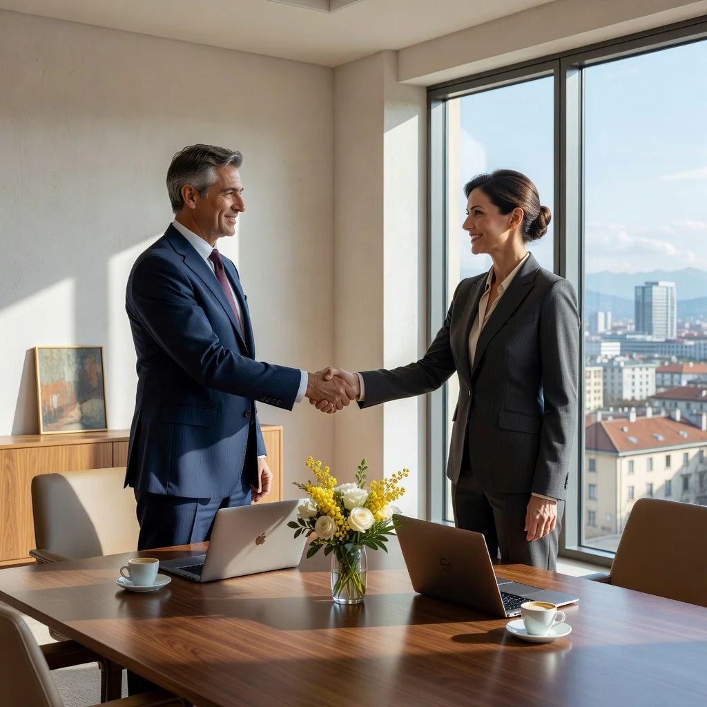A photorealistic image depicting two professional adults shaking hands in a modern Italian office setting, symbolizing a business partnership agreement. The scene includes elements like a conference table with coffee cups and laptops in the background, conveying collaboration and trust without focusing on any legal documents.