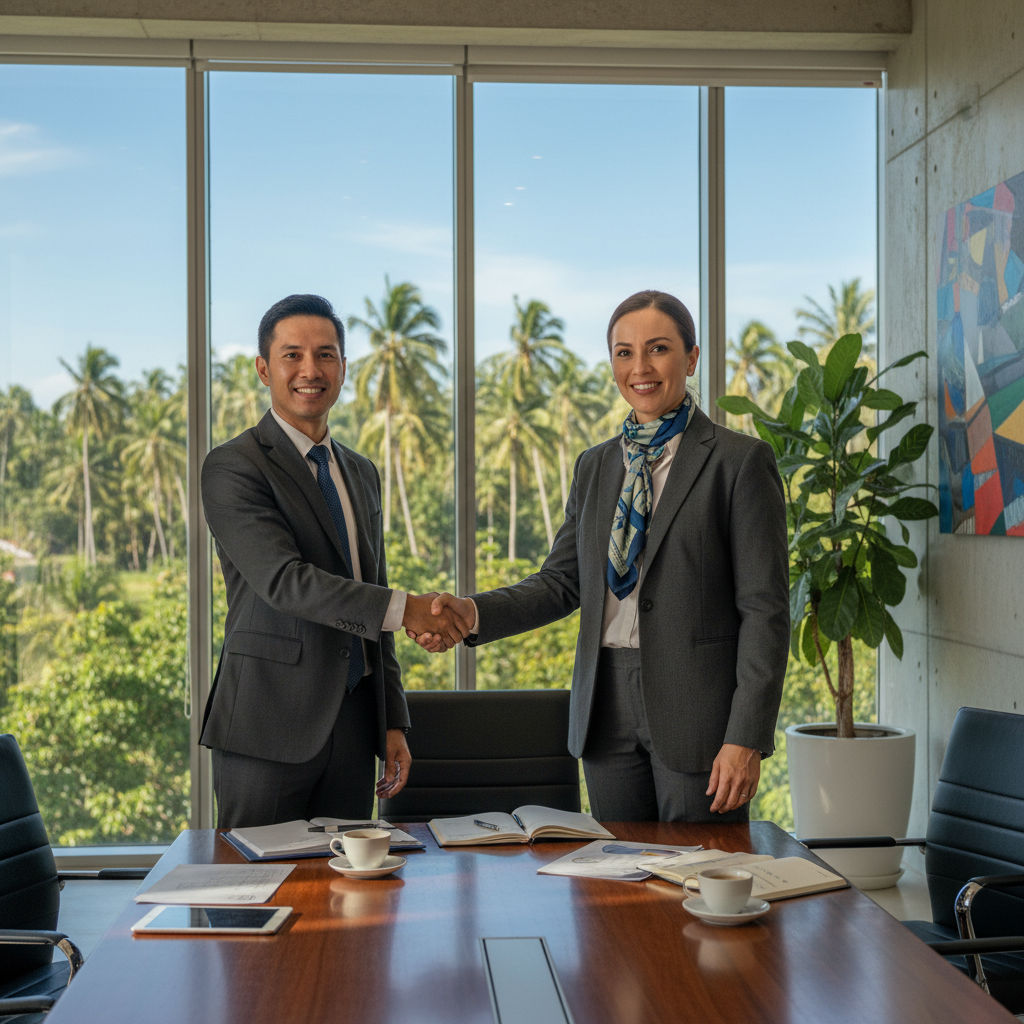 A photorealistic image of two professional adults, a man and a woman in business attire, shaking hands firmly across a modern conference table in a bright Philippine office setting with subtle tropical elements like a window view of palm trees, symbolizing a successful business partnership agreement.