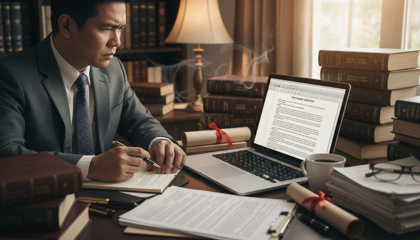 Drafting partnership agreement at desk.