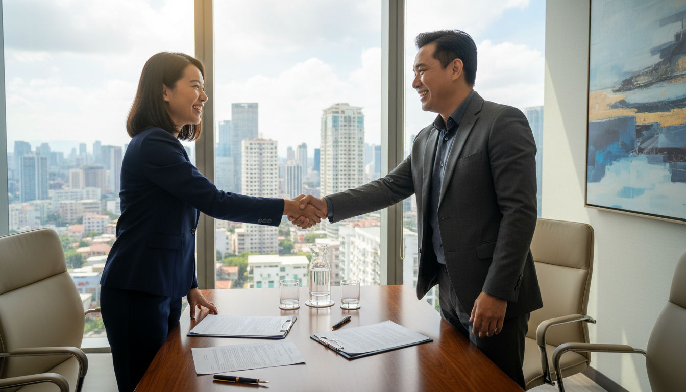 Signing partnership contract in Philippines.