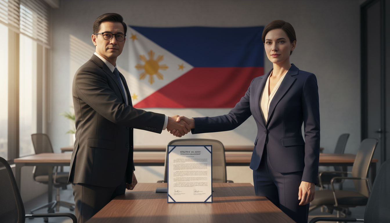Two professionals shaking hands over contract.
