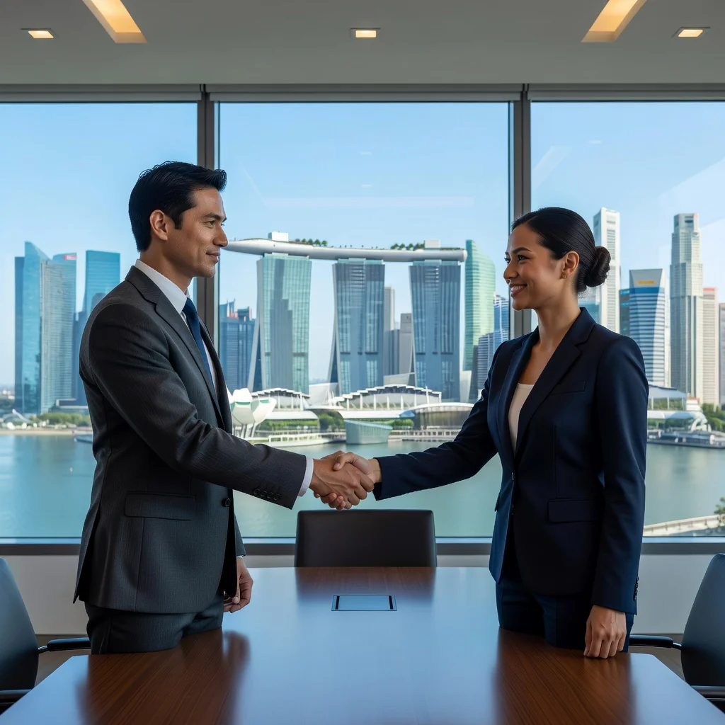A photorealistic image of two professional adults in a modern Singapore office, shaking hands over a conference table to symbolize a business partnership, with the Singapore skyline visible through large windows in the background, conveying trust and collaboration.