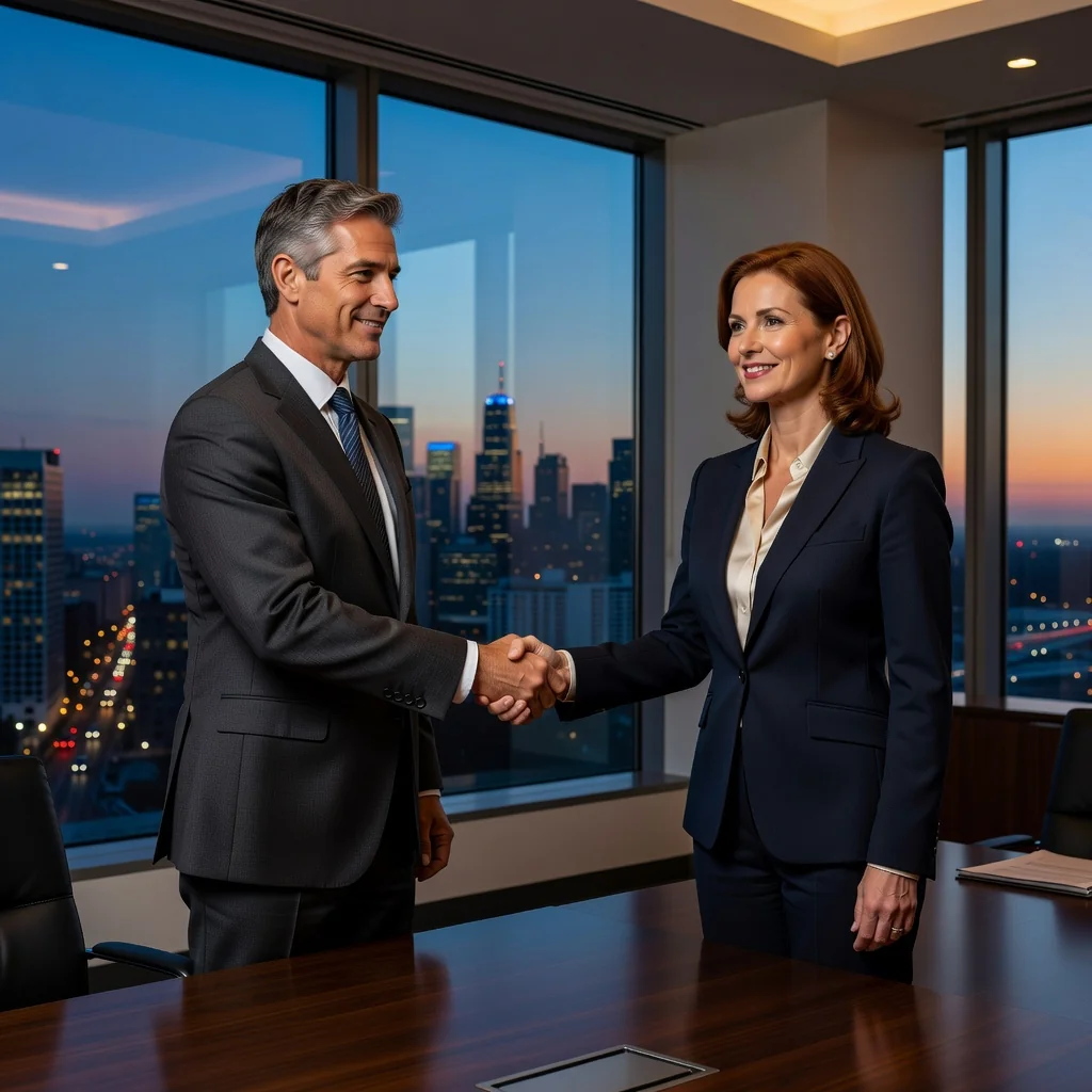 A photorealistic image depicting two professional adults in a modern office setting, shaking hands over a conference table to symbolize partnership and agreement, with a city skyline visible through the window in the background, conveying trust, collaboration, and business partnership without any legal documents or text.