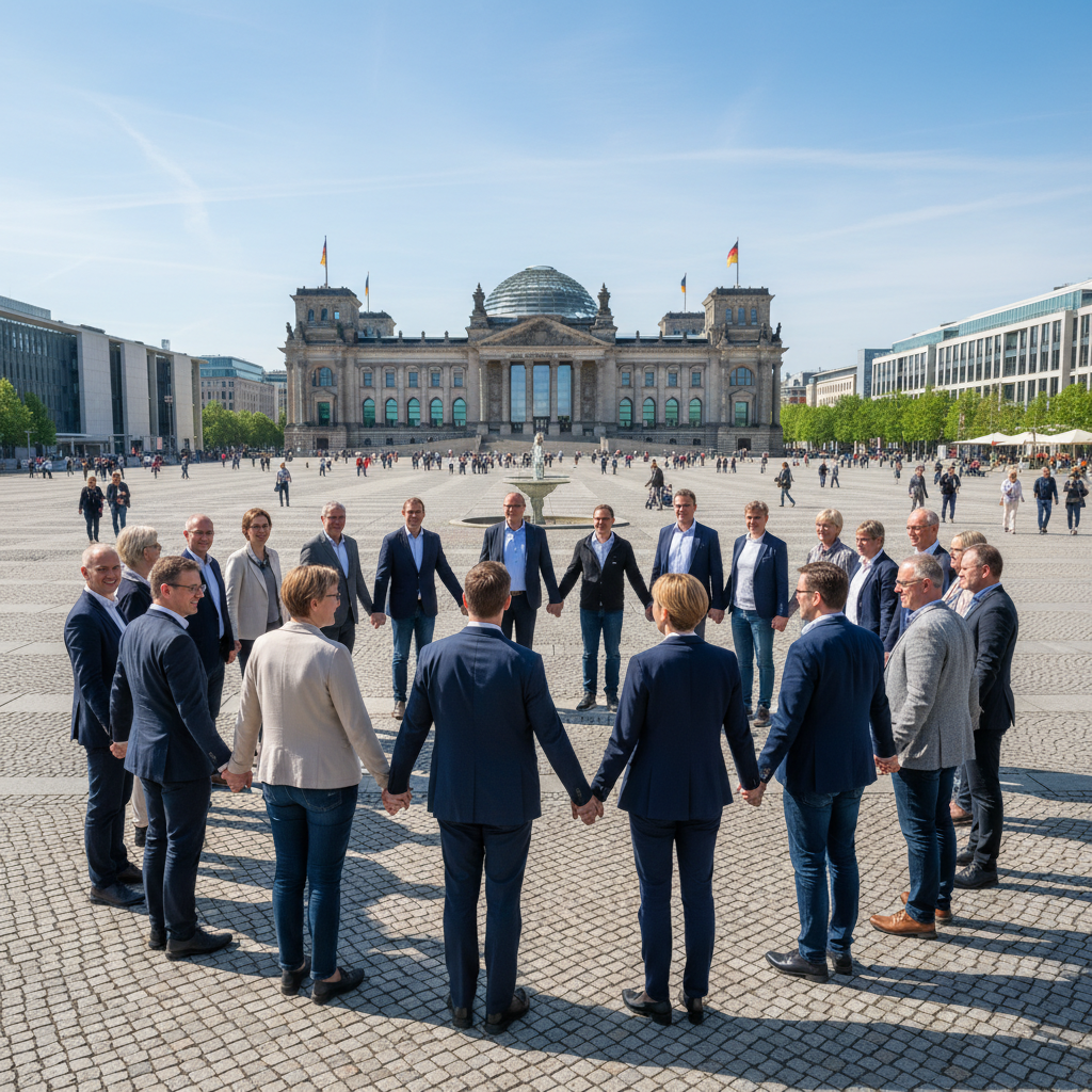 A photorealistic image symbolizing the social contract in Germany, depicting diverse adult citizens from various backgrounds standing together in unity on a modern city street in Berlin, with iconic landmarks like the Brandenburg Gate subtly in the background, representing societal agreement, community, and democratic values.