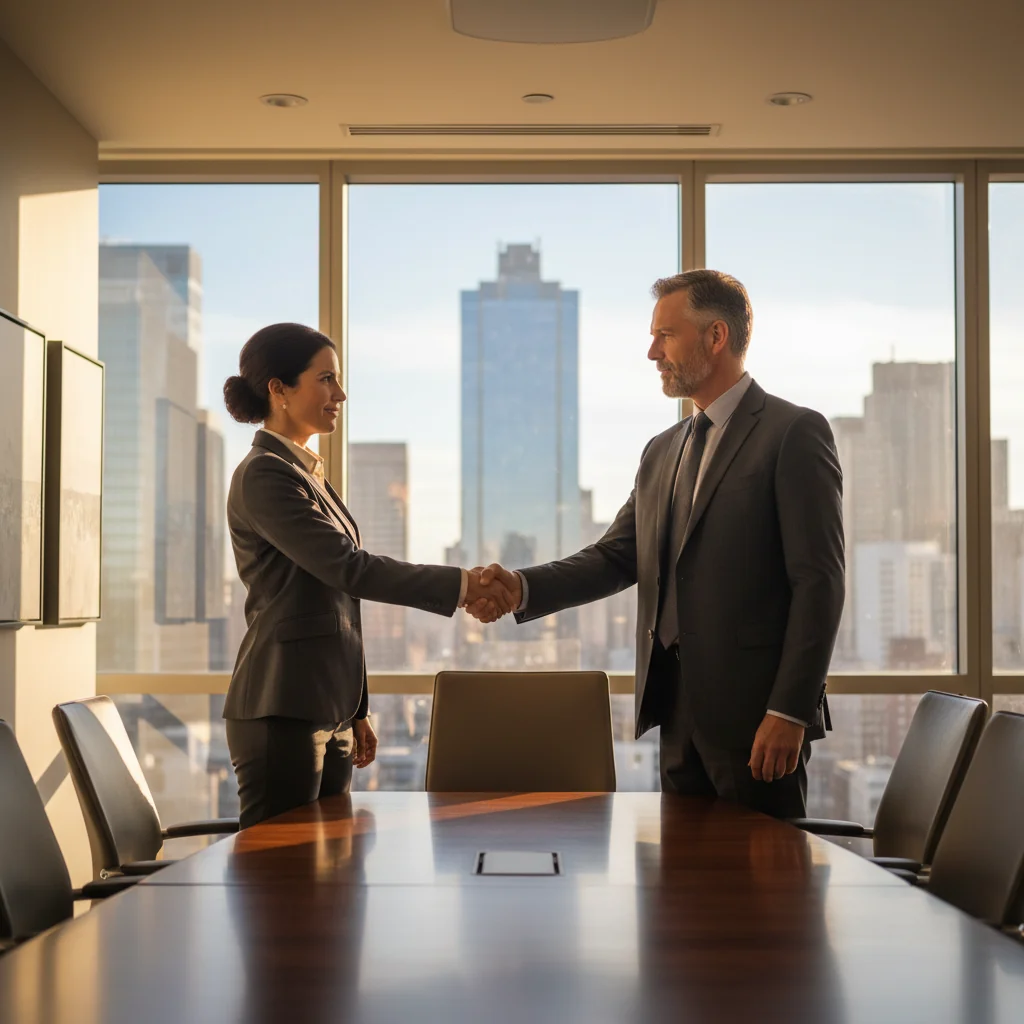 A photorealistic image of two professional adults, a man and a woman in business attire, shaking hands across a modern conference table in a bright office setting, symbolizing the formation of a business partnership. The atmosphere is collaborative and positive, with city skyline visible through large windows in the background.