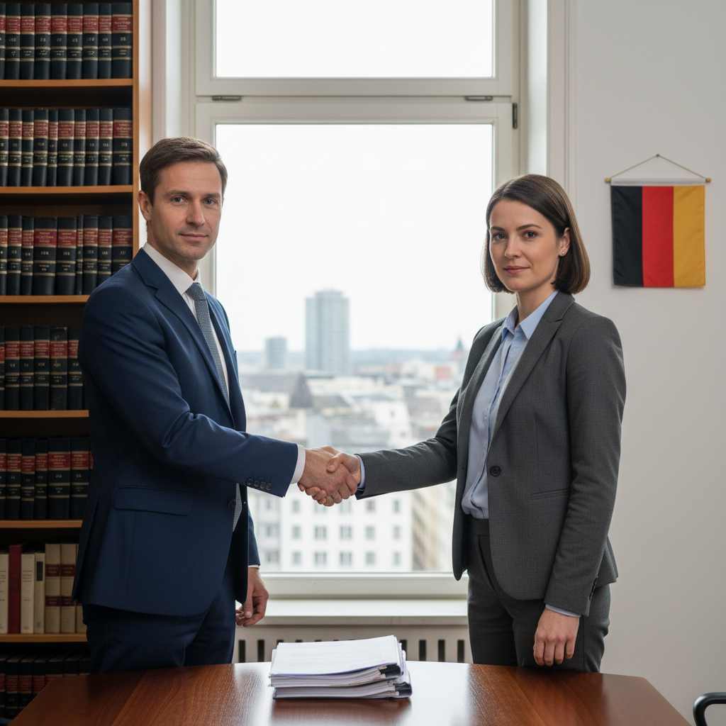 A photorealistic image of two German business professionals in a modern office in Germany, shaking hands over a conference table with a subtle background of the German flag and legal bookshelves, symbolizing the formation of a partnership agreement through a Gesellschaftsvertrag. The scene conveys trust, collaboration, and formality, with no children present.