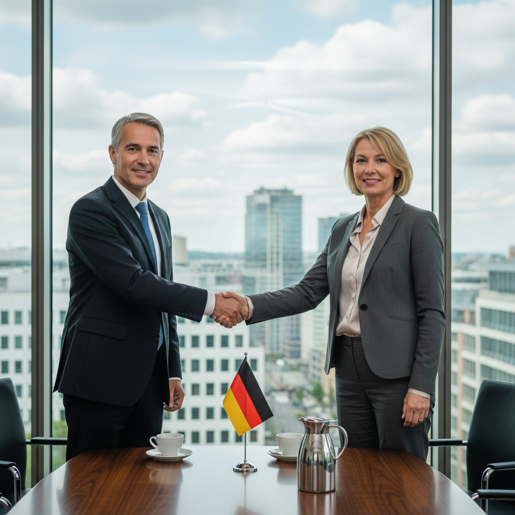 A photorealistic image representing the concept of a Gesellschaftsvertrag in Germany, showing two professionals in a modern office setting, shaking hands over a conference table with a German flag subtly in the background, symbolizing a business partnership agreement without focusing on the document itself.
