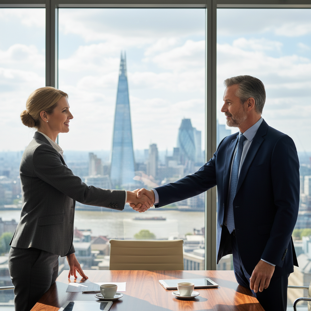 A photorealistic image of two professional adults shaking hands in a modern UK office setting, symbolizing a business partnership agreement, with subtle Union Jack elements in the background to represent the United Kingdom. No children are present in the image.