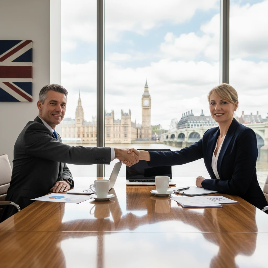 A photorealistic image of two professional adults shaking hands across a conference table in a modern UK office, symbolizing a business partnership agreement. The scene includes elements like a Union Jack flag subtly in the background, briefcases, and city skyline view from a window, conveying trust and collaboration without showing any legal documents.