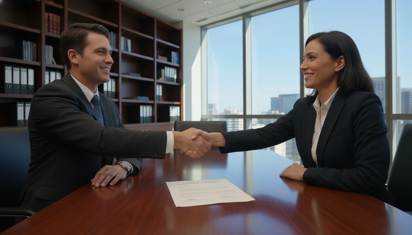 Business partners shaking hands over document