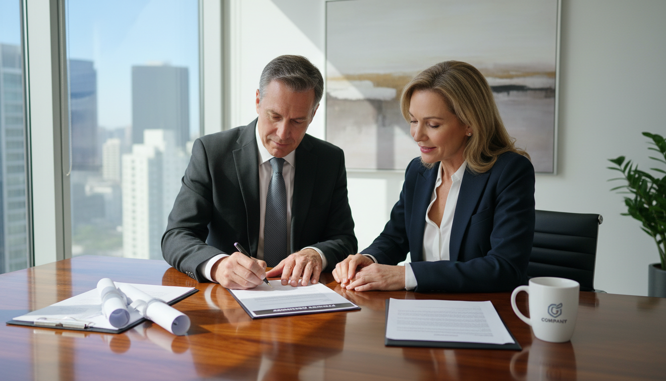Two professionals signing partnership agreement