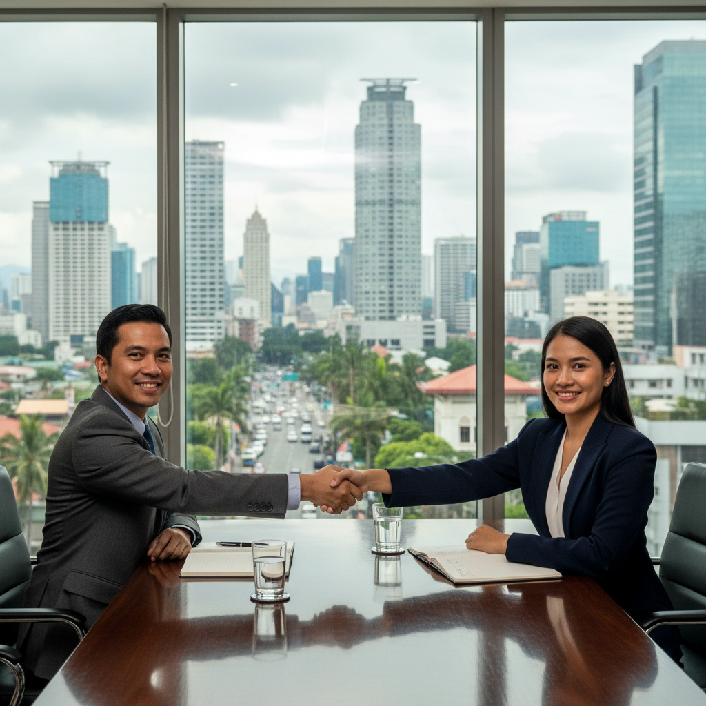 A photorealistic image of two adult professionals shaking hands across a conference table in a modern office in the Philippines, with a cityscape view of Manila in the background, symbolizing a business partnership agreement.
