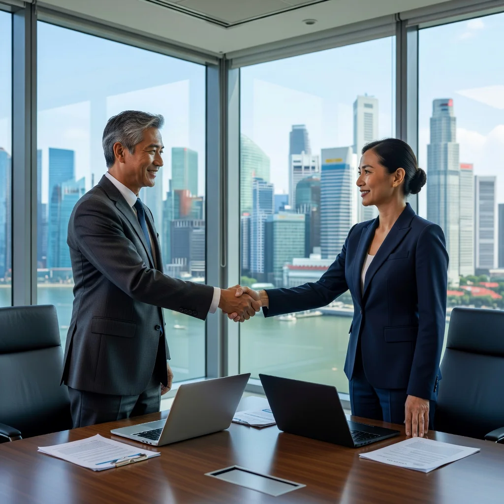 A photorealistic image of two professional adults shaking hands in a modern Singapore office, symbolizing a business partnership agreement, with the city skyline visible through large windows in the background, conveying trust and collaboration.