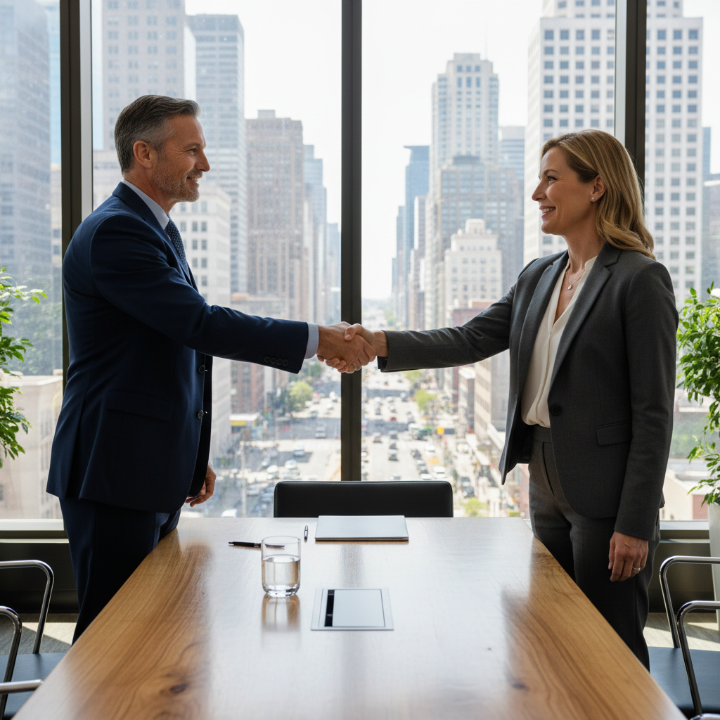 A photorealistic image of two professional adults shaking hands across a conference table in a modern office, symbolizing a business partnership agreement, with city skyline visible through the window, conveying trust and collaboration.