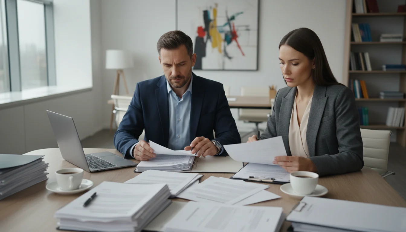 Business partners reviewing legal papers together