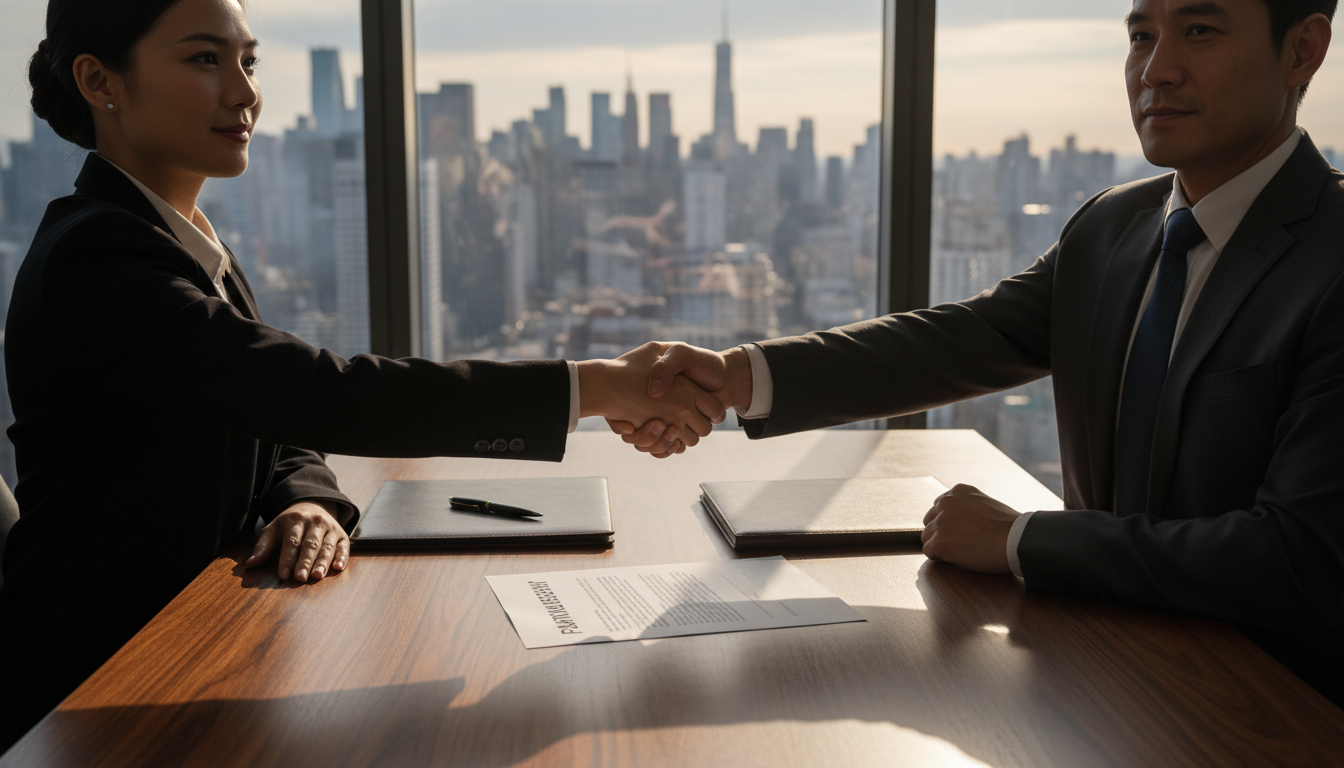 Two professionals shaking hands over contract