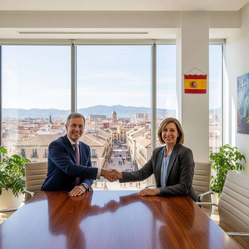 A photorealistic image of two professional adults in a modern Spanish office, shaking hands over a conference table with subtle Spanish elements like a flag or map in the background, symbolizing the formation of a business partnership without showing any documents.