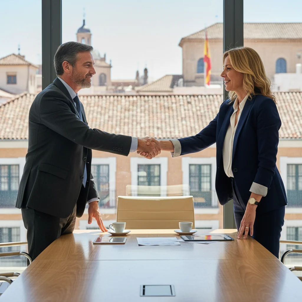 A photorealistic image of two professional adults in a modern Spanish office, shaking hands over a conference table to symbolize a business partnership agreement, with subtle Spanish elements like a flag or architecture in the background, conveying trust and collaboration in a legal business context.