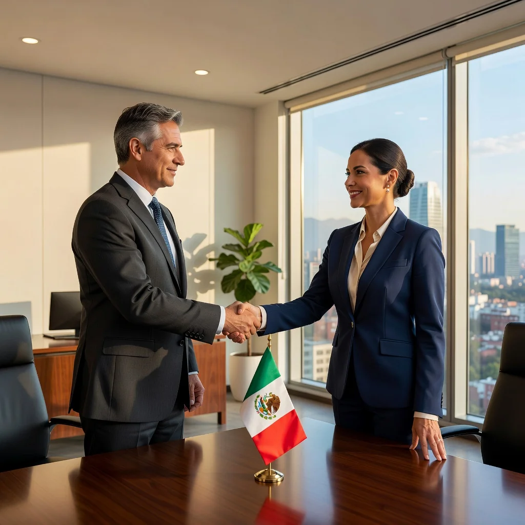 A photorealistic image representing partnership and business collaboration in Mexico, featuring two adult professionals shaking hands in a modern office with subtle Mexican cultural elements like a flag or traditional decor in the background, symbolizing the formation of a business society through a legal contract.