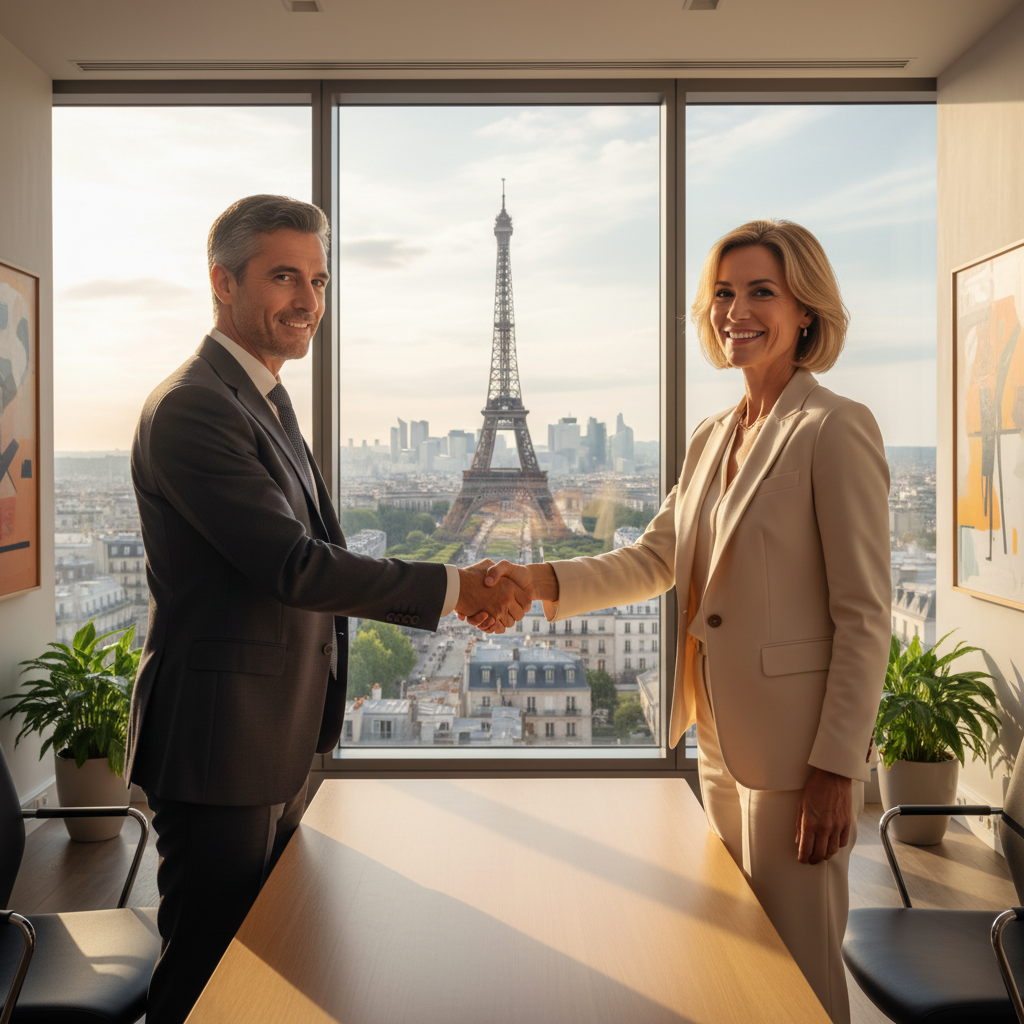 A professional business partnership scene in France, showing two adults shaking hands in a modern office with the Eiffel Tower visible through a window in the background, symbolizing collaboration and agreement without focusing on documents.