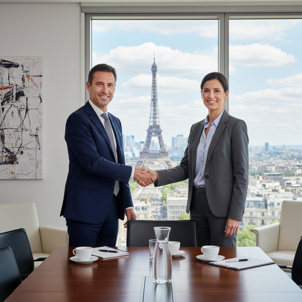 A professional handshake between two French business partners in a modern office setting in France, symbolizing partnership and collaboration, with subtle French elements like a flag or Eiffel Tower in the background, photorealistic style, no children present.