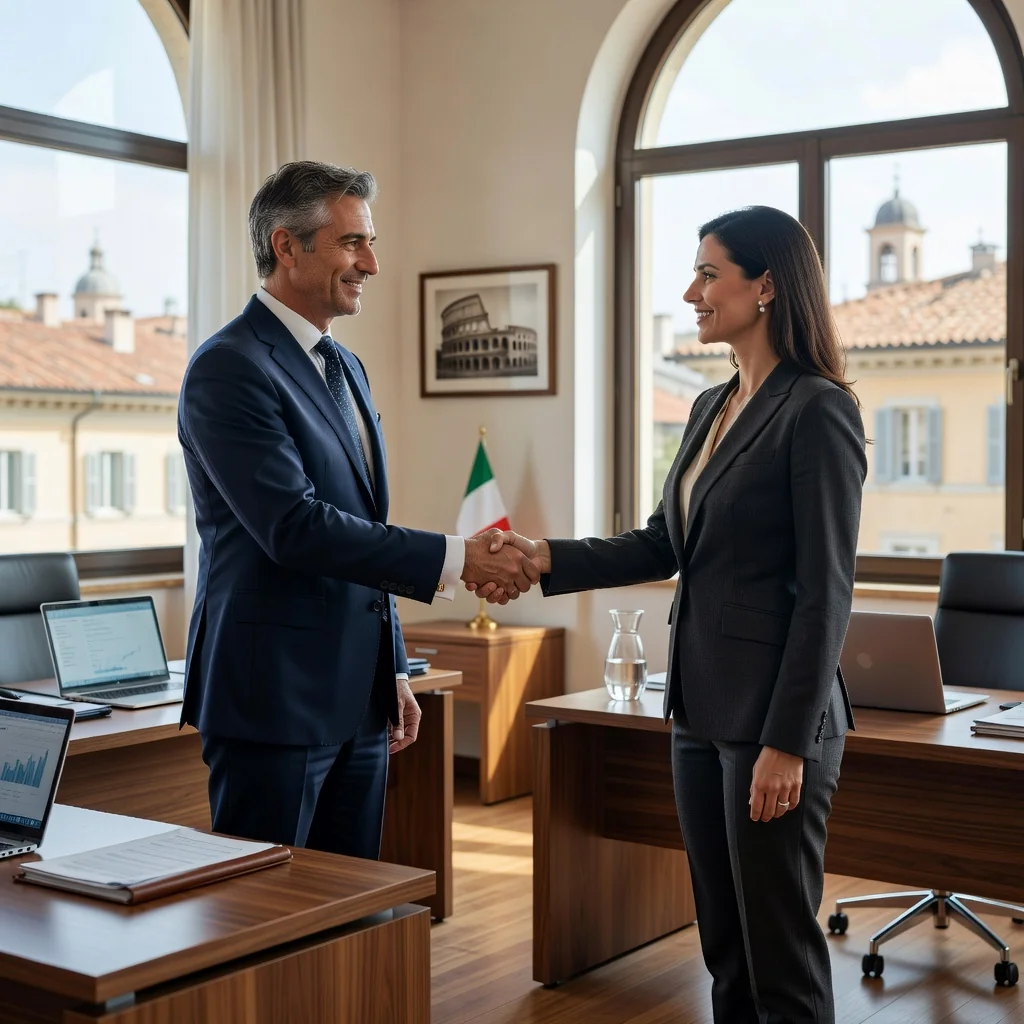 A photorealistic image depicting a professional partnership meeting in a modern Italian office, with two adults shaking hands over a table, symbolizing collaboration and agreement, with subtle Italian elements like a map of Italy or espresso cups in the background. No children, no legal documents visible.