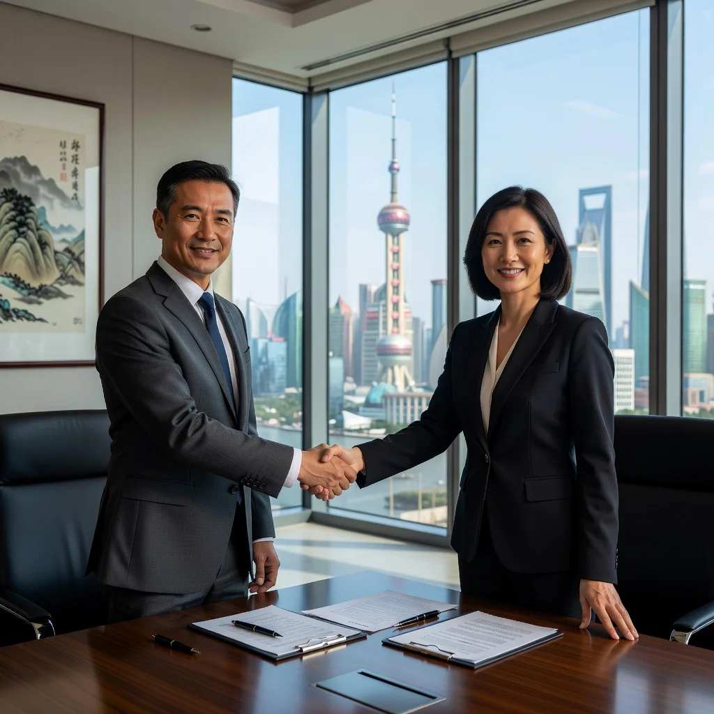A photorealistic image symbolizing partnership and business collaboration in China, featuring two professional adults shaking hands in a modern conference room with subtle Chinese architectural elements in the background, conveying trust and agreement without showing any documents.