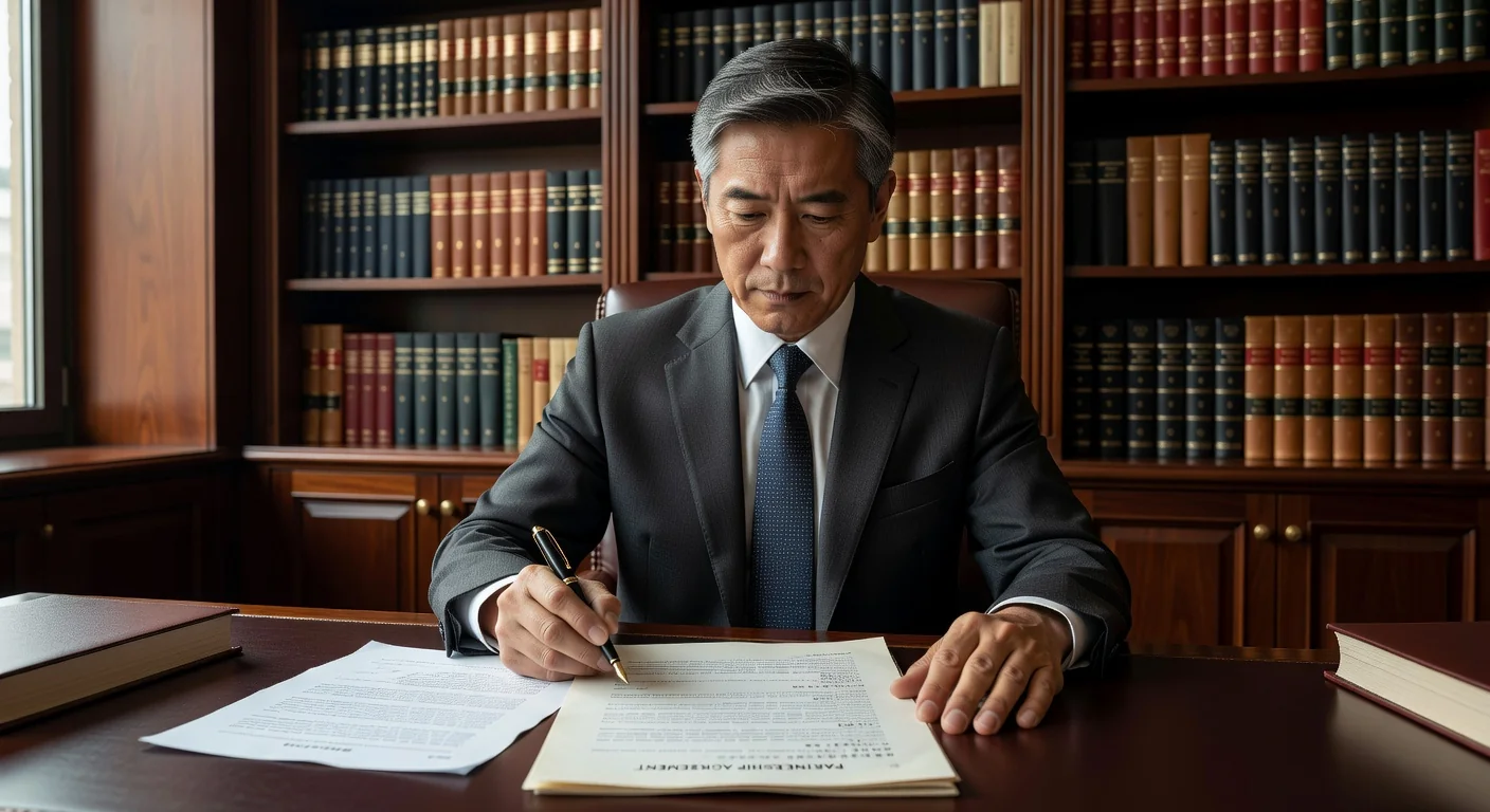 Chinese lawyer reviewing legal contract