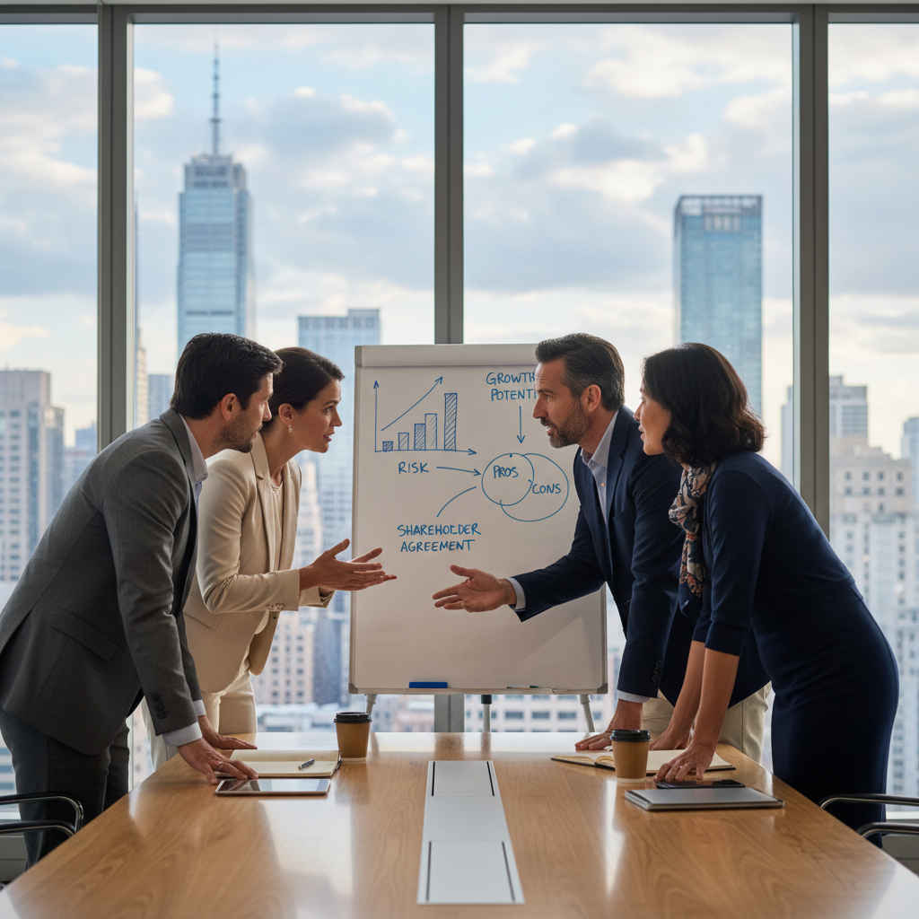 A photorealistic image of diverse adult business professionals in a modern conference room, engaged in a productive discussion about company partnerships, symbolizing the benefits and drawbacks of shareholder agreements for businesses. The scene conveys collaboration, strategy, and decision-making among equals, with no children present.